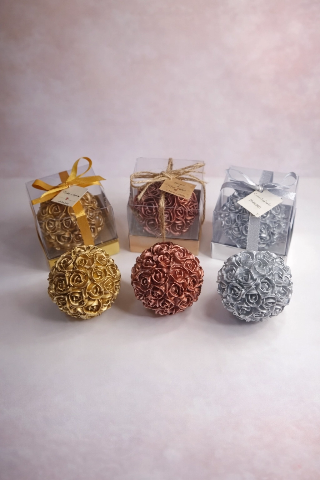 Büyük Top Gül Mum Üçlü Set 